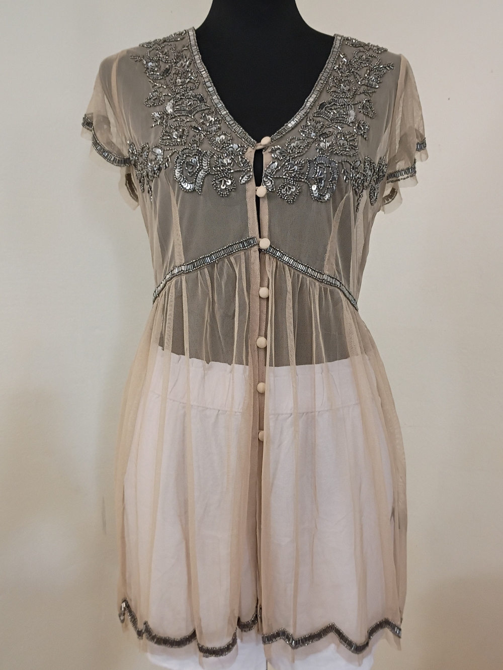 Black Brand Beige Sheer Jeweled Tunic